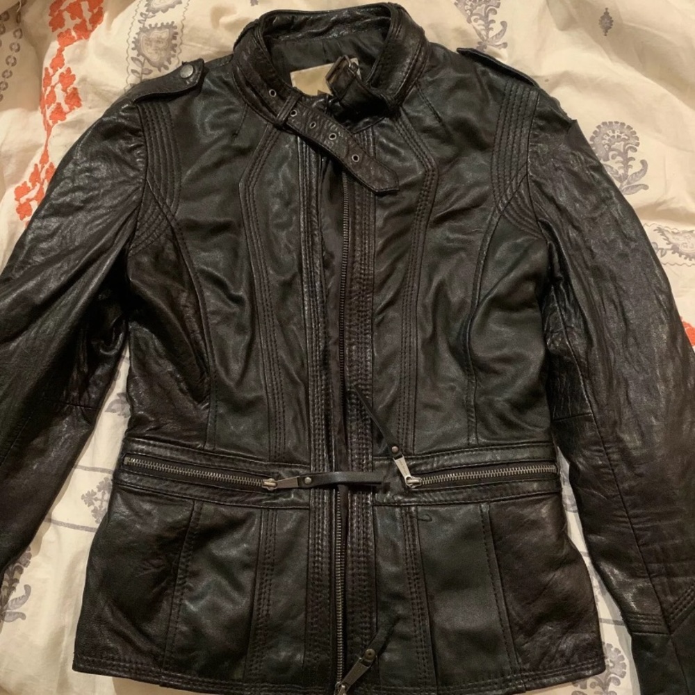 Womens Michael Kors Black Leather Biker Jacket S/P